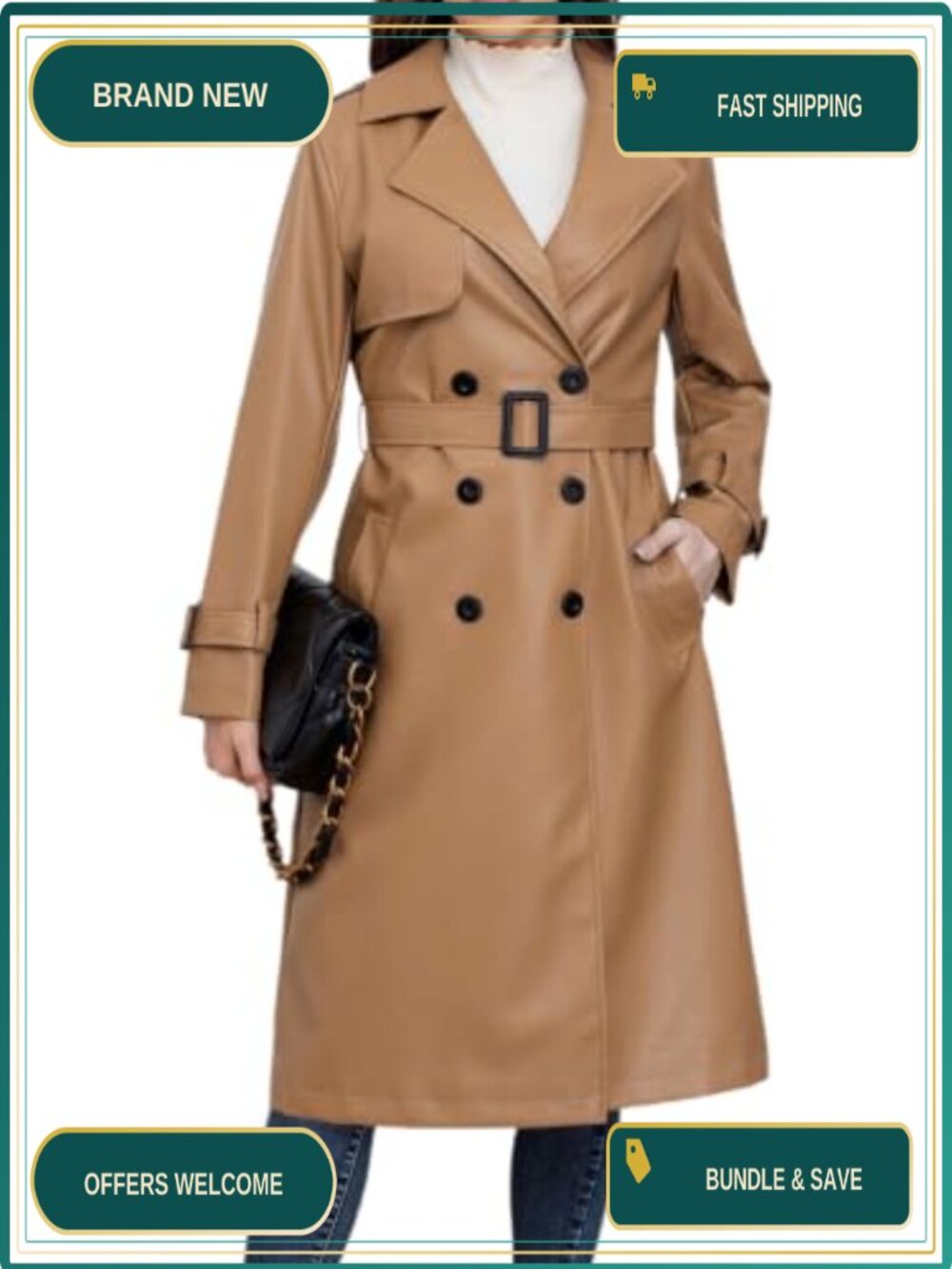 Women's Long Faux Leather Trench Coat Double Breasted Belted Jacket